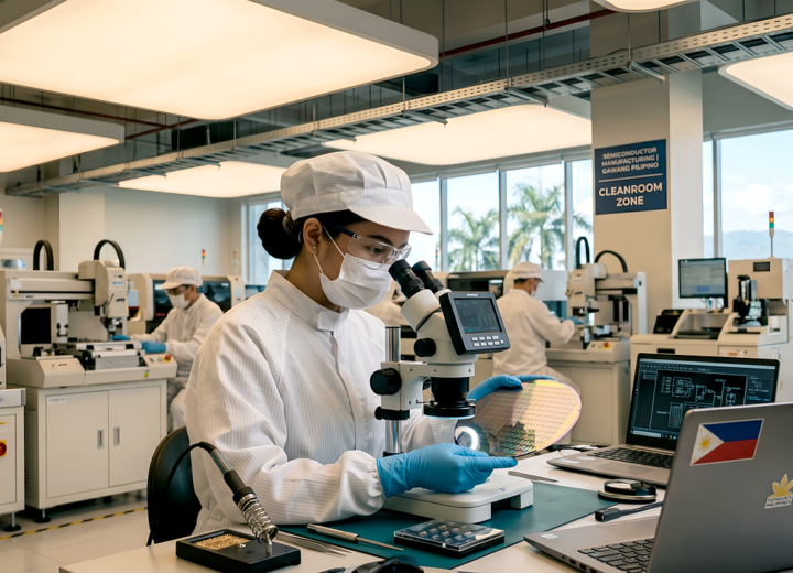 Close-up of advanced semiconductor manufacturing equipment in a cleanroom