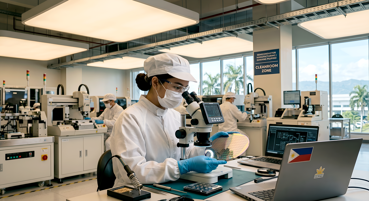 Close-up of advanced semiconductor manufacturing equipment in a cleanroom